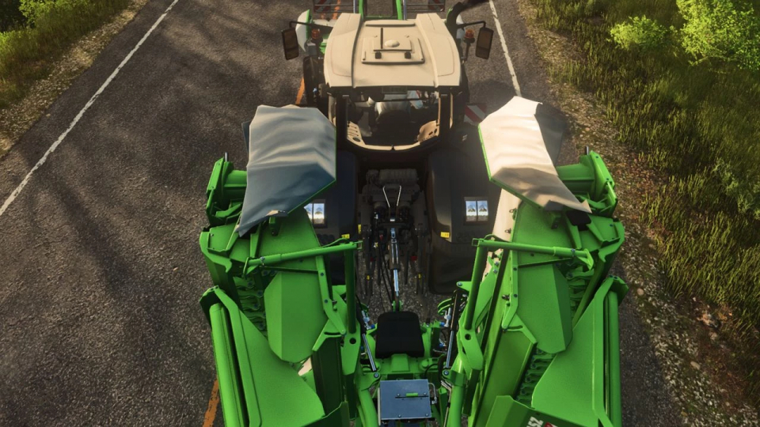 A tractor using the Realistic 3 Point Attacher mod in Farming Simulator 25. The green equipment is mounted on a rural road.