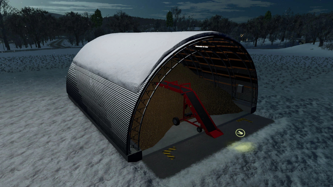 FS25 mod: Root Crop Storage v1.0.0.0 in snow-covered landscape.