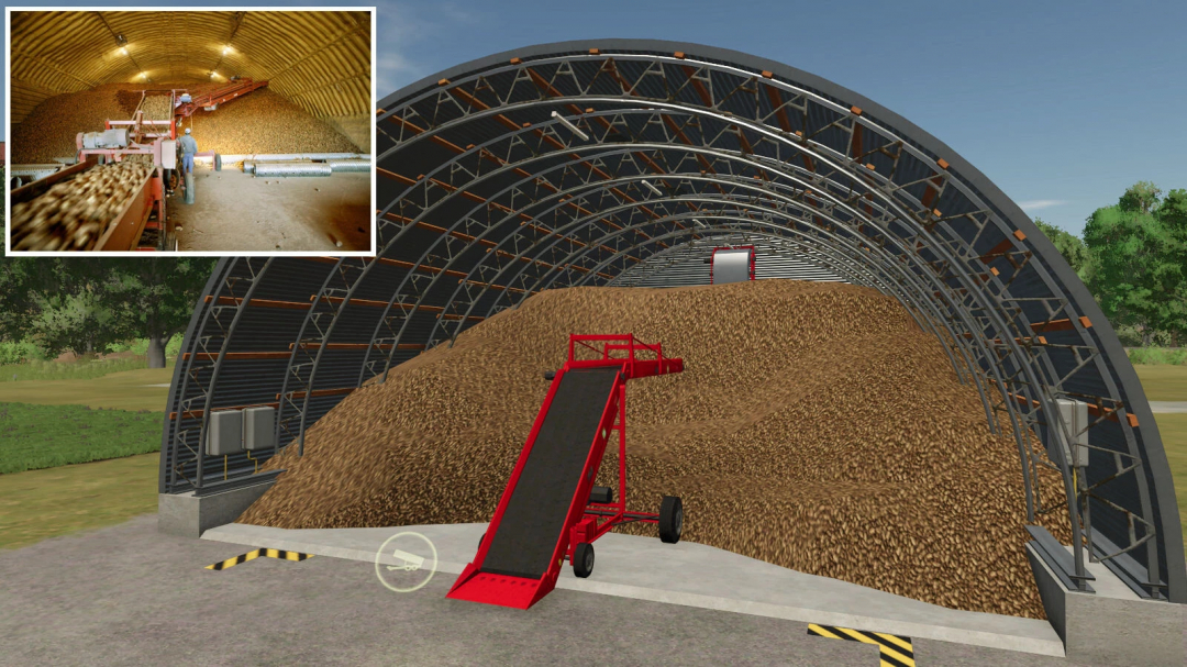 FS25 mod Root Crop Storage v1.0.0.0 showing a large heap of root crops in a storage facility with a conveyor belt.