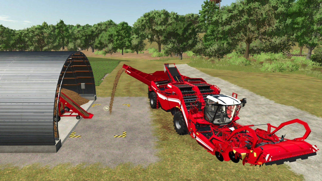 FS25 mods: Root Crop Storage v1.0.0.0 with red harvester unloading into a storage shed.