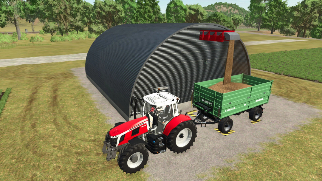 FS25 mod Root Crop Storage v1.0.0.0 showing a tractor unloading crops into storage.