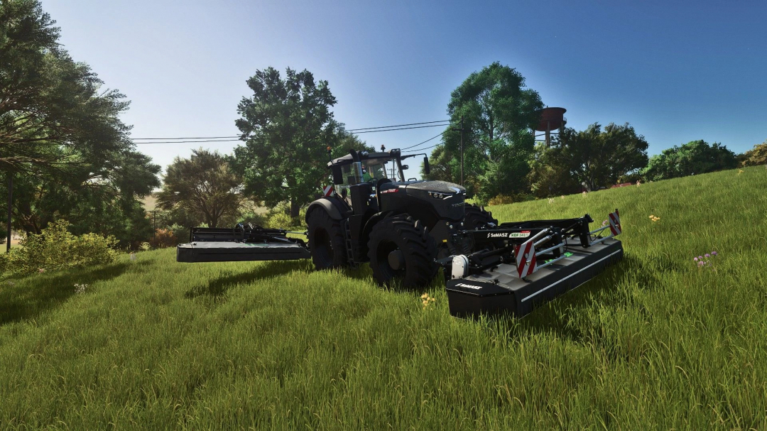 FS25 mod SAMASZ mowers v2.0.0.0, featuring a tractor with mowers on a grassy field.