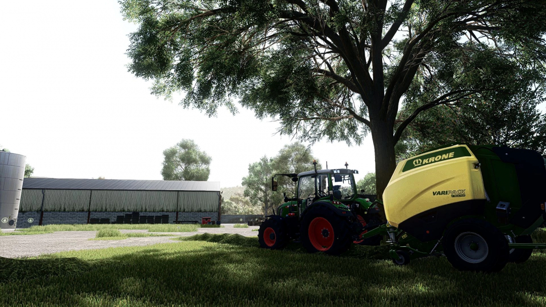 FS25 mod Shader MKSHV1 v1.0.0.0 showing a tractor with a Krone baler under a tree in a farm setting.