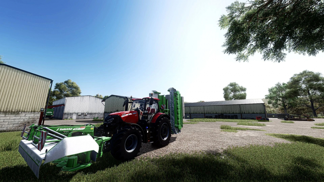 Farm scene in FS25 with Shader MKSHV1 mod, featuring a red tractor and green equipment near sheds.