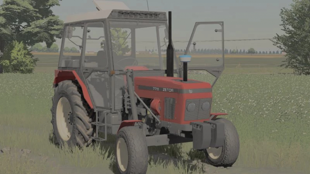 FS25 mod Shaders by hybcio v1.0.0.0 showcases a red Zetor 7711 tractor in a grassy field, enhancing the visual realism in Farming Simulator 25.