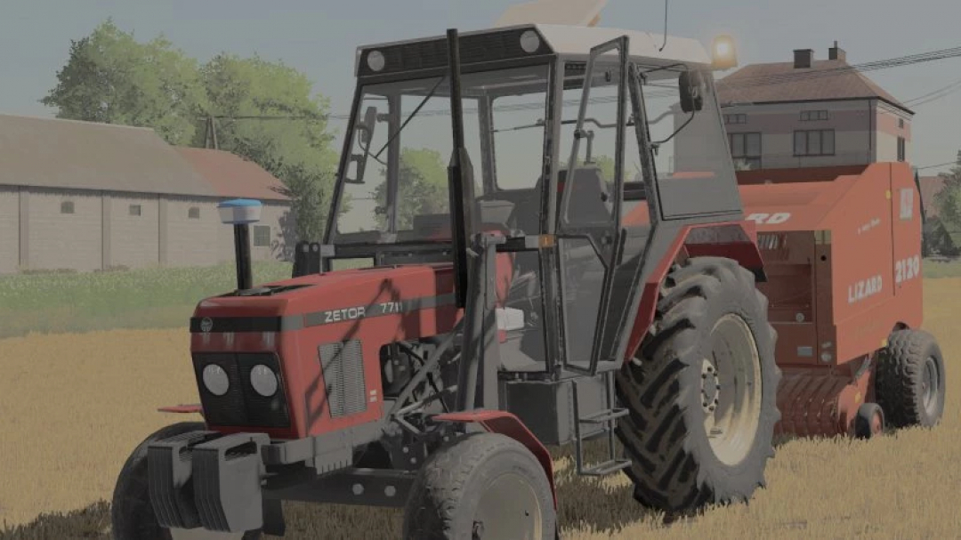 FS25 mod featuring a red Zetor tractor with a Lizard baler attachment, showcasing Shaders by hybcio v1.0.0.0.