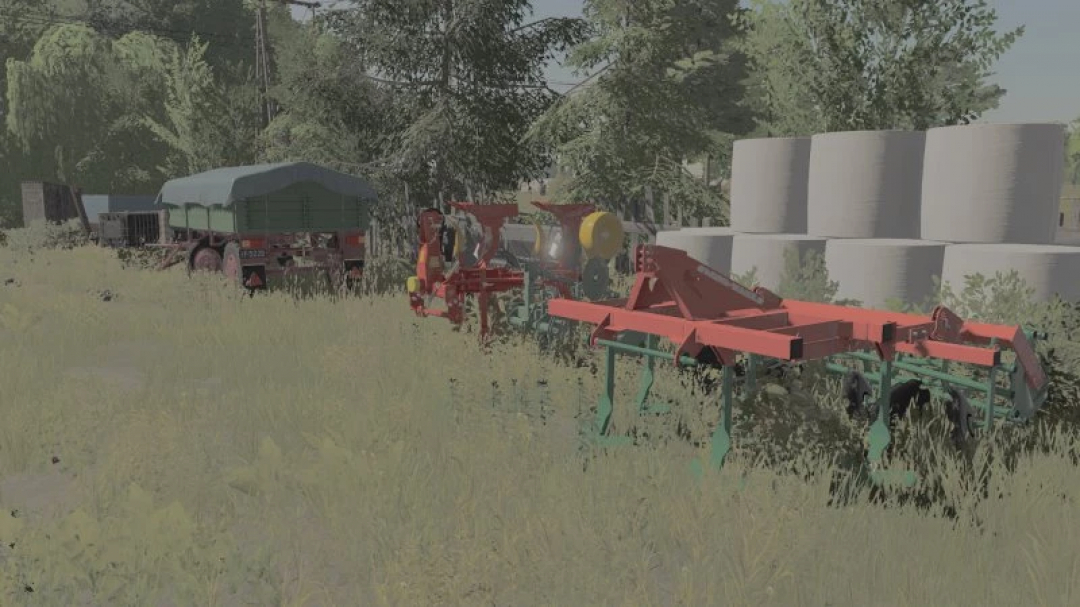 FS25 mod showcasing Shaders by hybcio v1.0.0.0 with farm machinery and vibrant scenery.