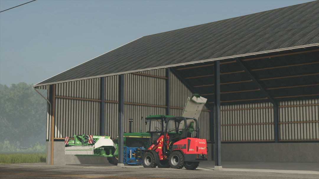 Shed Pack v1.0.0.0 mod for FS25, showcasing a shed with farming equipment inside.