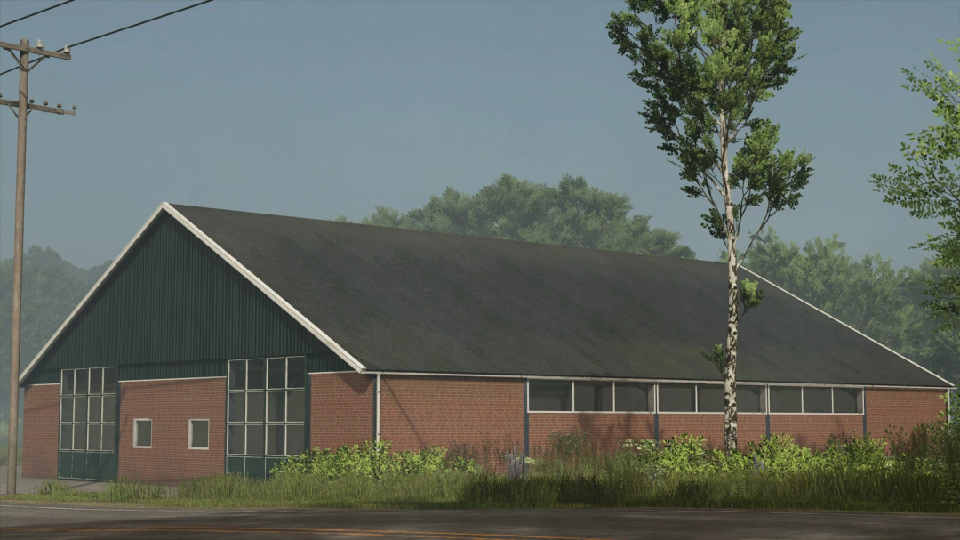 Shed Pack v1.0.0.0 mod for FS25 featuring a large brick and metal structure surrounded by trees.