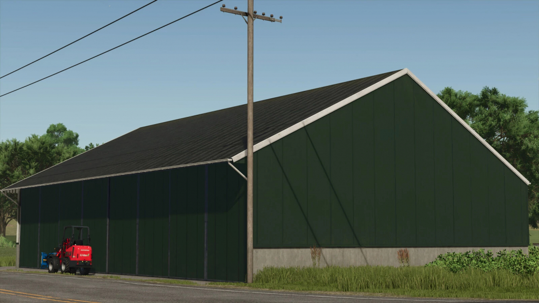 FS25 Shed Pack mod showcasing a large green shed next to a telegraph pole, ideal for Farming Simulator 25.