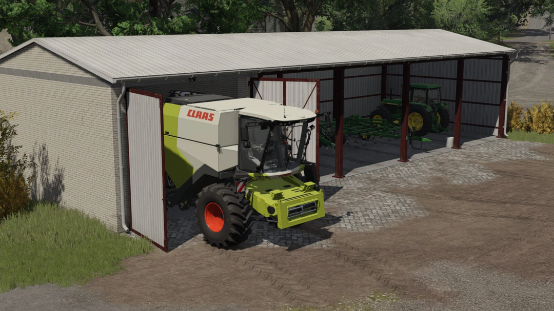 FS25 mod Shed With Garage v1.0.0.0 featuring farm machinery inside, including a tractor and combine harvester.