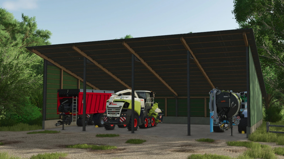 Shelter v1.0.0.0 mod for FS25 with farm equipment, including a tractor and trailer, under a large green shelter.