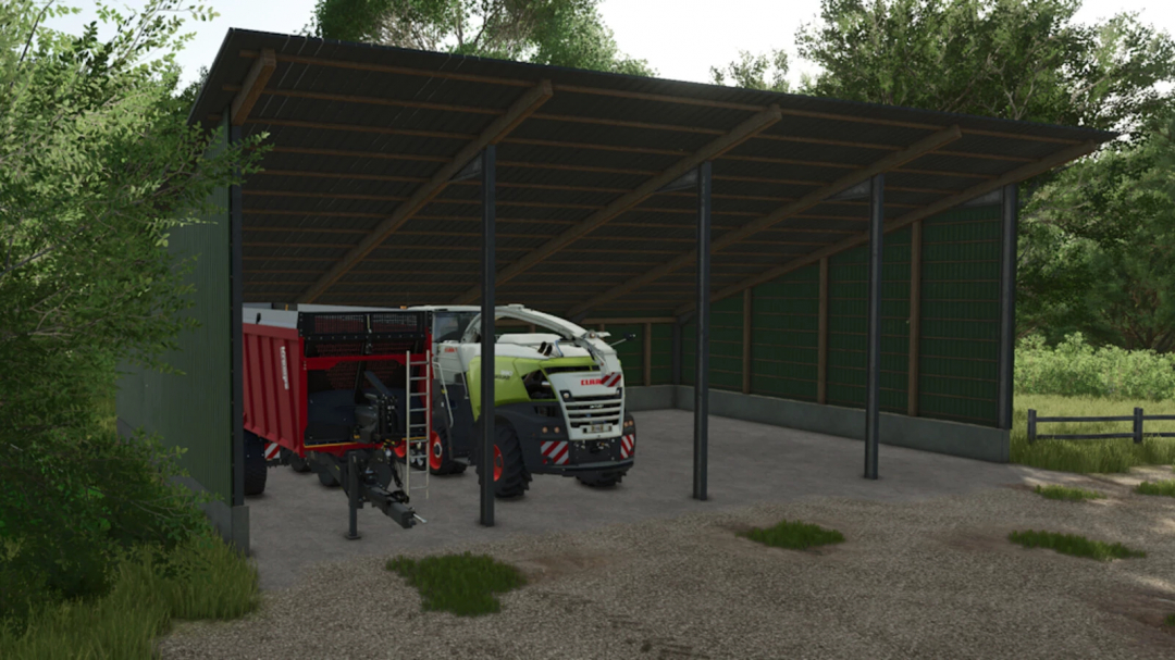 Shelter mod in FS25 housing farm machinery against lush trees.