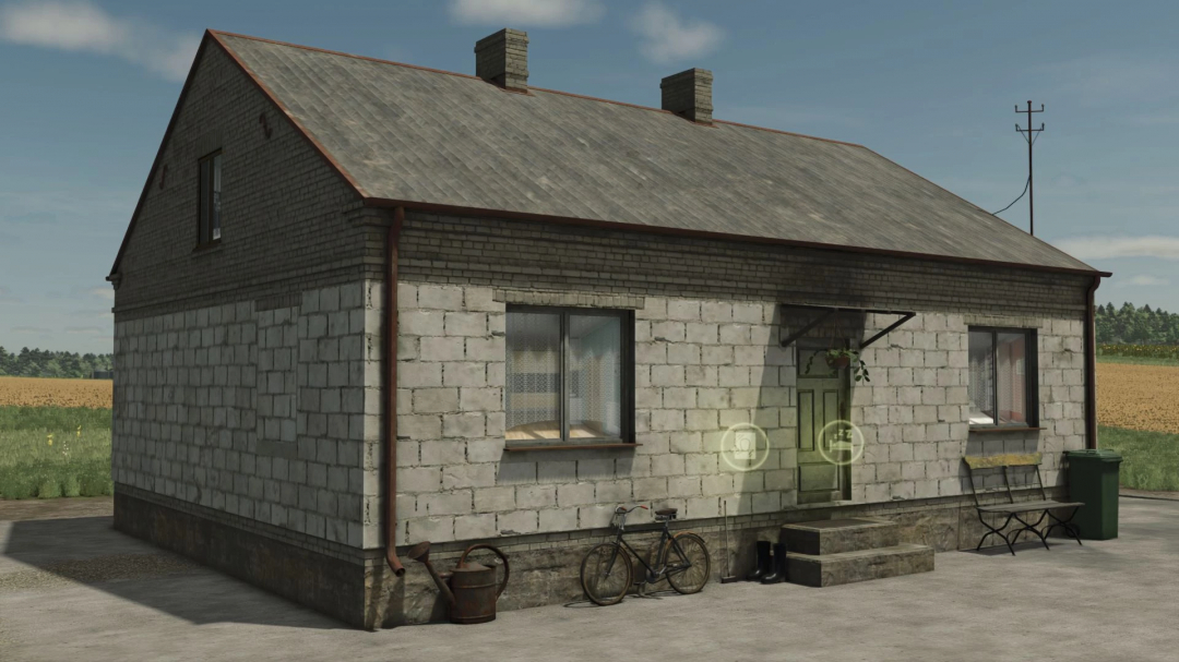 Small Brick House mod for FS25, featuring a simple brick design with outdoor accessories, enhancing Farming Simulator 25 gameplay.