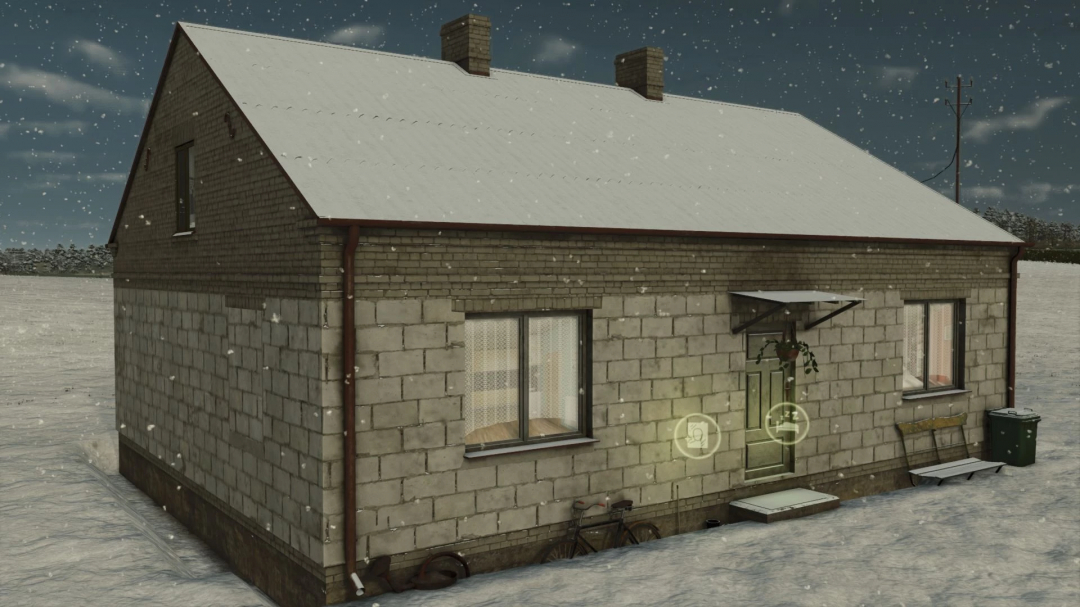 Small Brick House mod for FS25, showcasing a simple brick house in a snowy landscape.