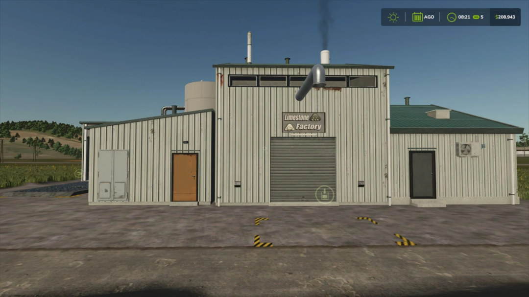 Limestone Factory mod in FS25 showing building exterior with blue skies.