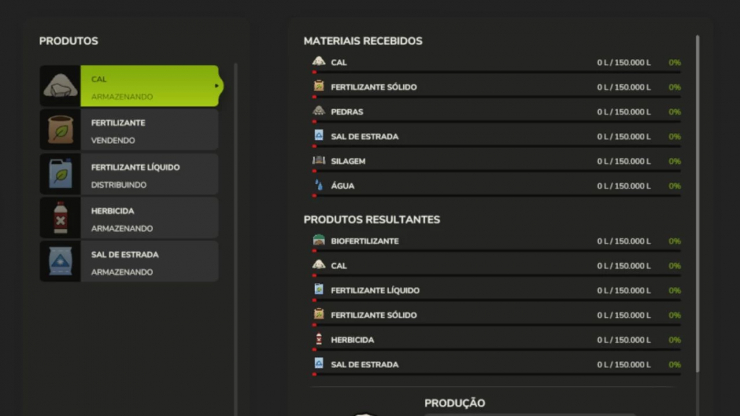 FS25 mod Special Fabrications interface displaying storage and distribution of materials like lime, fertilizer, and herbicide.