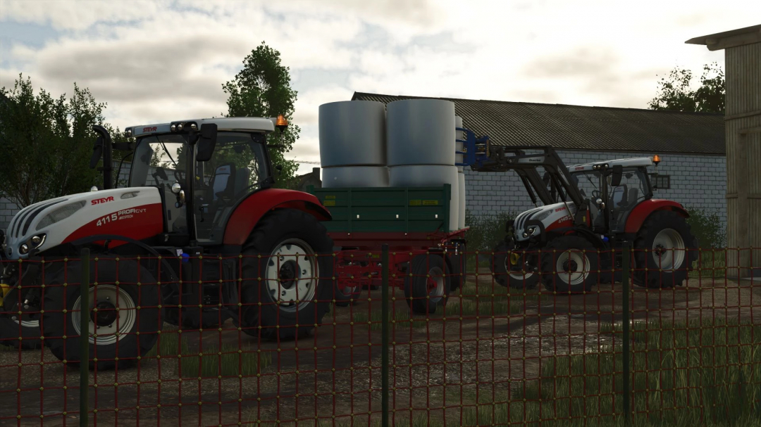 Two Steyr Profi tractors with hay bales in FS25 mod, Farming Simulator 25.