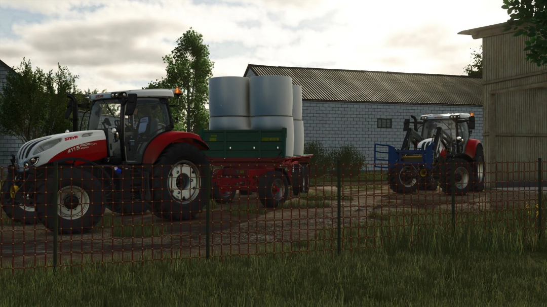 FS25 mod showcasing Steyr Profi TIER 4B tractor loading bales on a farm.