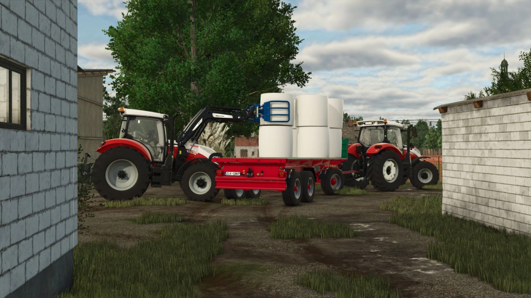 Steyr Profi TIER 4B MY18 tractor mod in FS25, transporting hay bales on a red trailer in a farm setting.