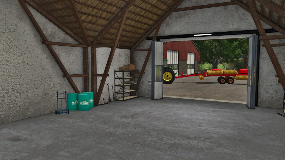 Interior of FS25 Stone Barn With Workshop mod, showing a workspace with tools and tractor view outside.