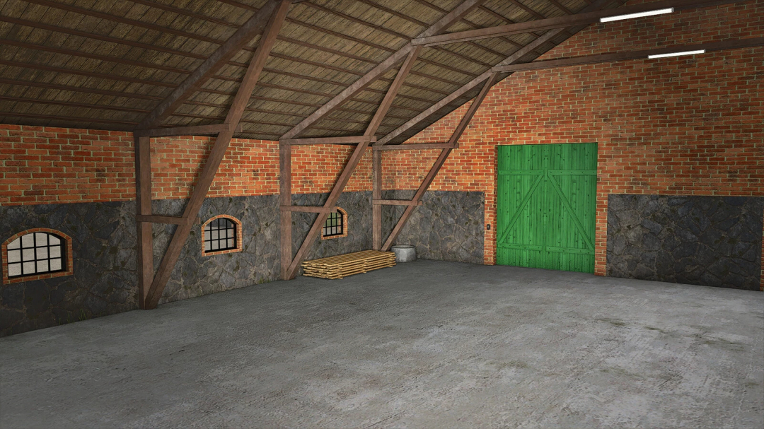 Interior of Stone Barn With Workshop mod in FS25, showcasing brick walls, wooden beams, and green doors. FS25 mods feature.