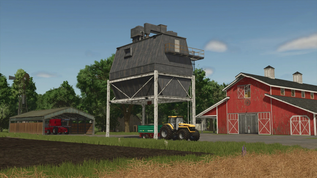 Image of Stone Silo mod in FS25, featuring a large metal silo, red barn, and yellow tractor in a farm setting.