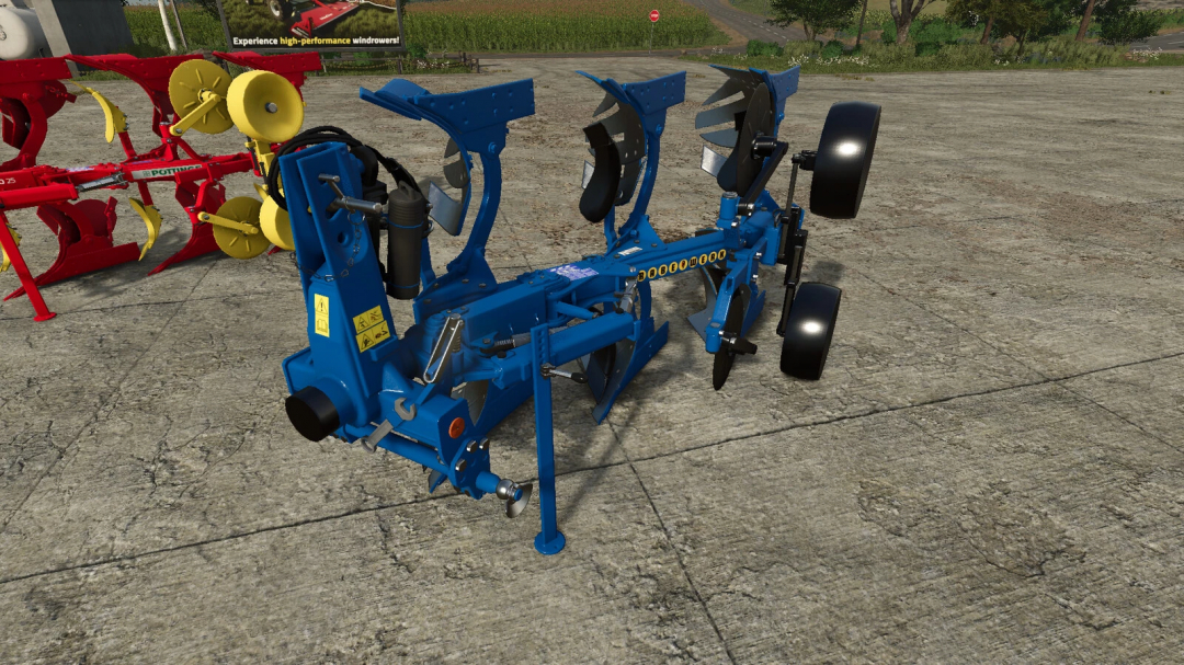 Farming Simulator 25 mod showcasing the blue Supertaube / Servo 25 plow, version 1.0.0.0, on a concrete surface.