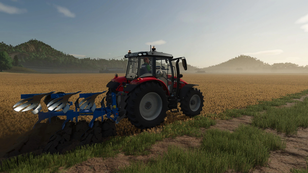 Tractor with plow mod in FS25, Supertaube / Servo 25 v1.0.0.0, cultivating a field under a clear sky.