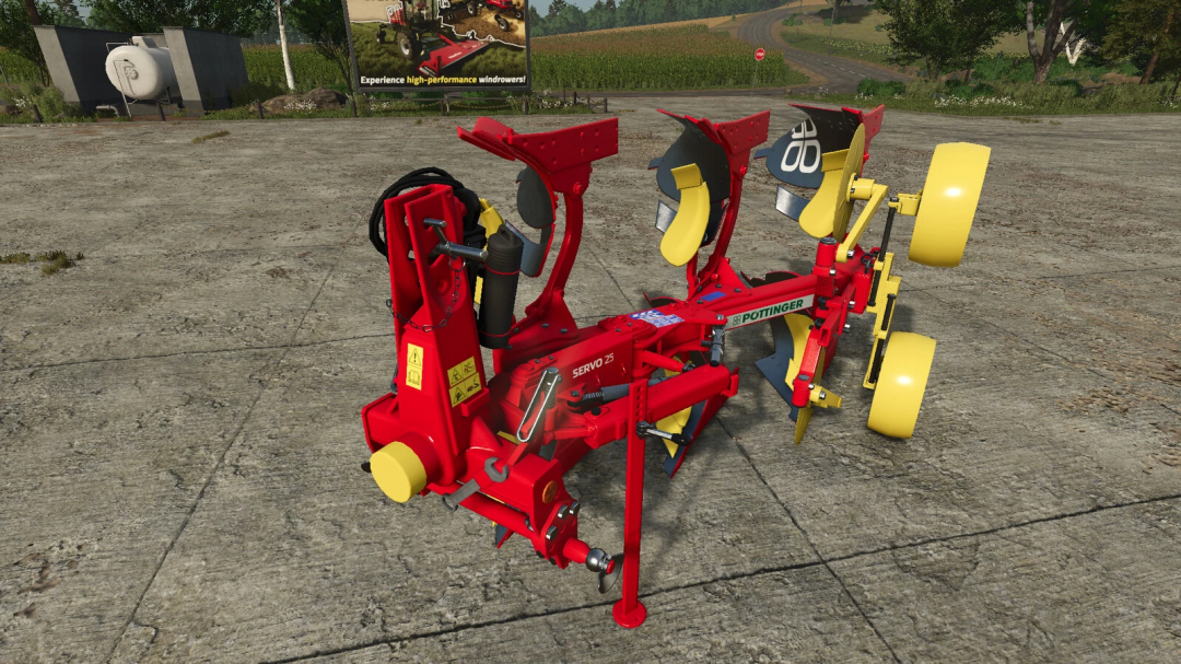 FS25 mod Supertaube/Servo 25 v1.0.0.0, red and yellow farming equipment on pavement in Farming Simulator 25.