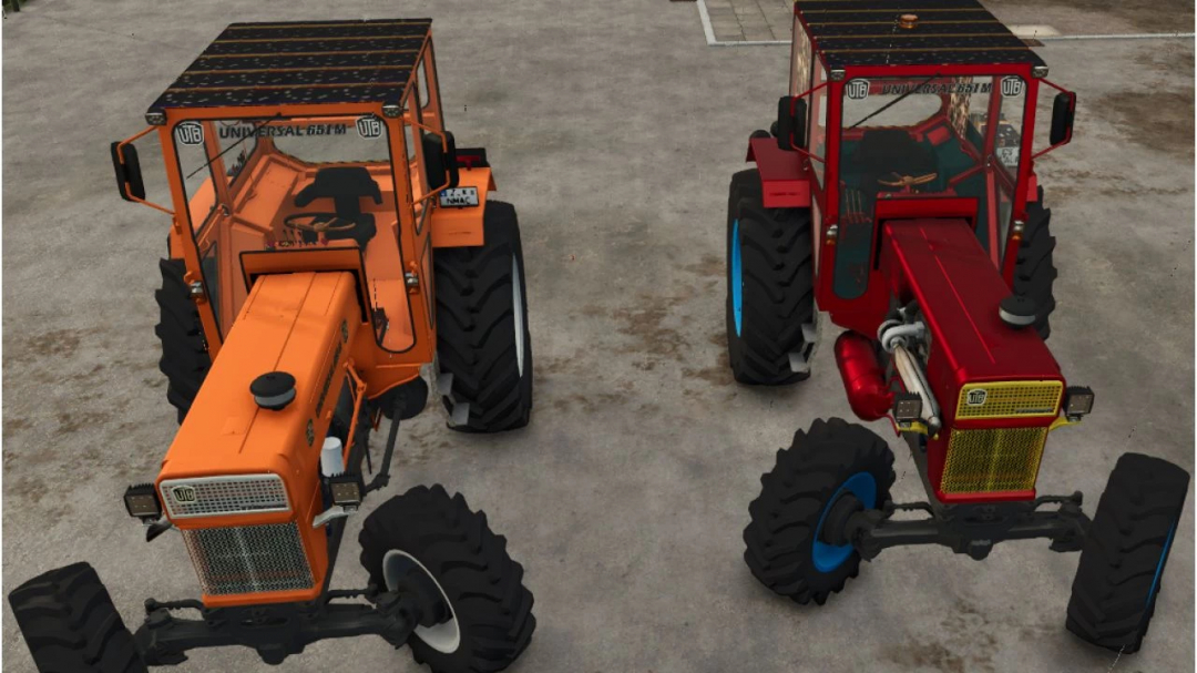 Two UTB 651 Carpatin tractors in orange and red, featured in FS25 mods.