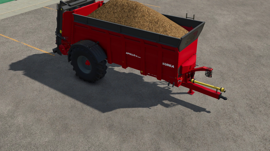 Unia Apollo Premium 16 mod in FS25 loaded with dirt, showcasing farming equipment.