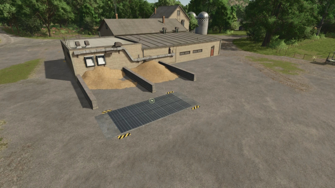 Unload Zones Pack v1.0.0.0 mod for FS25 showing storage area with building, silos, and unloading stations.