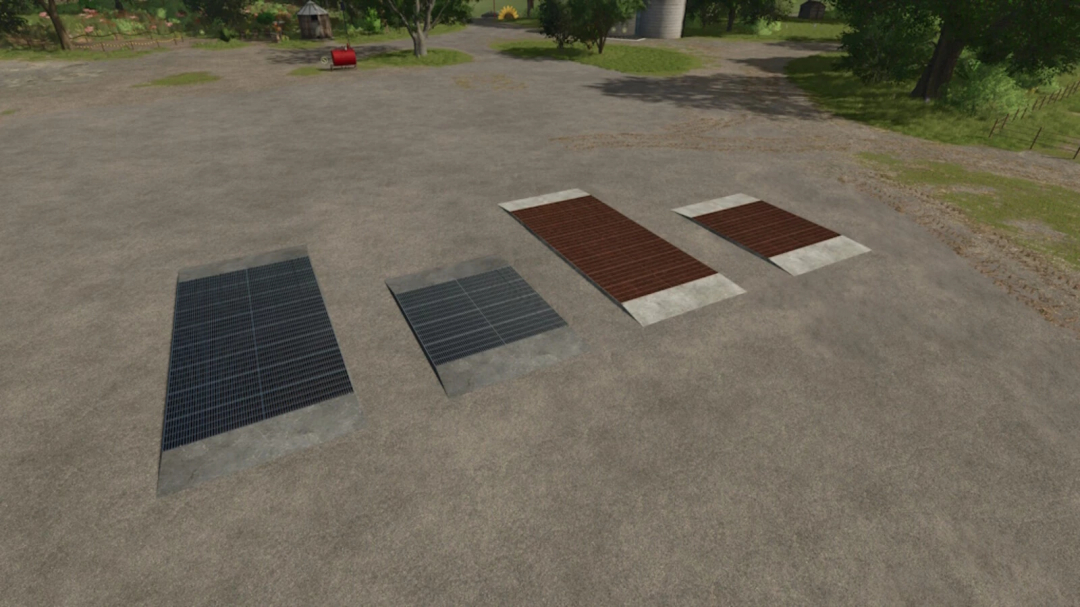 FS25 Unload Zones Pack v1.0.0.0 displaying four unloading zones on a farm.