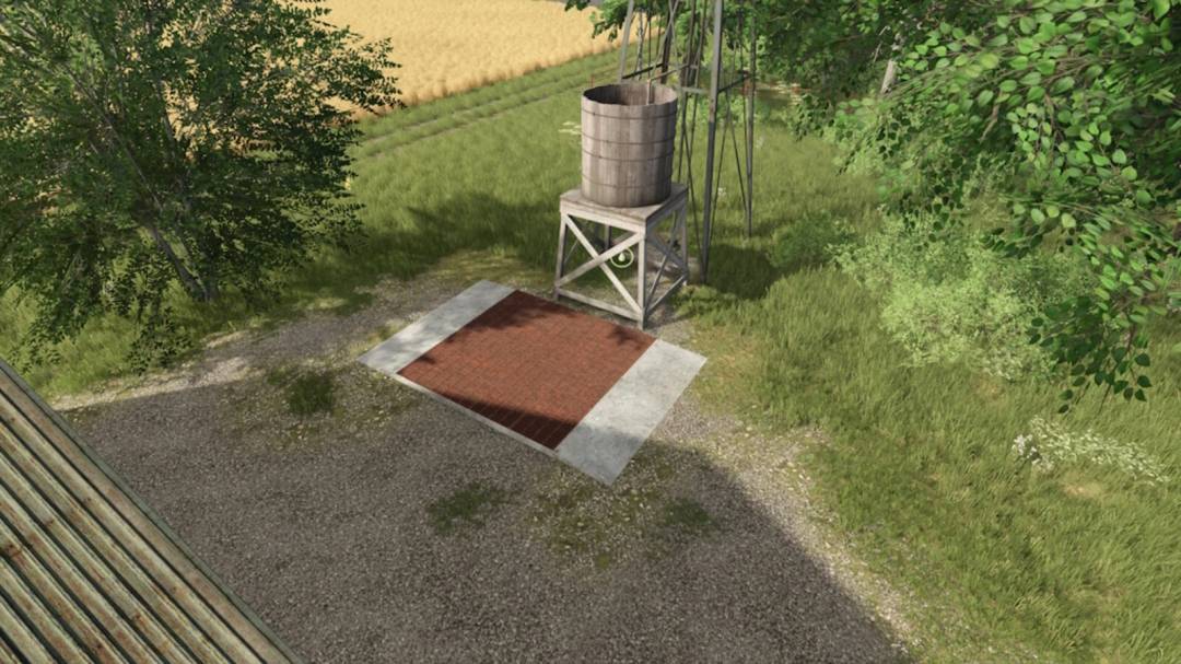 Unload Zones Pack v1.0.0.0 mod in Farming Simulator 25, featuring a rustic wood silo and unloading area amidst lush greenery.