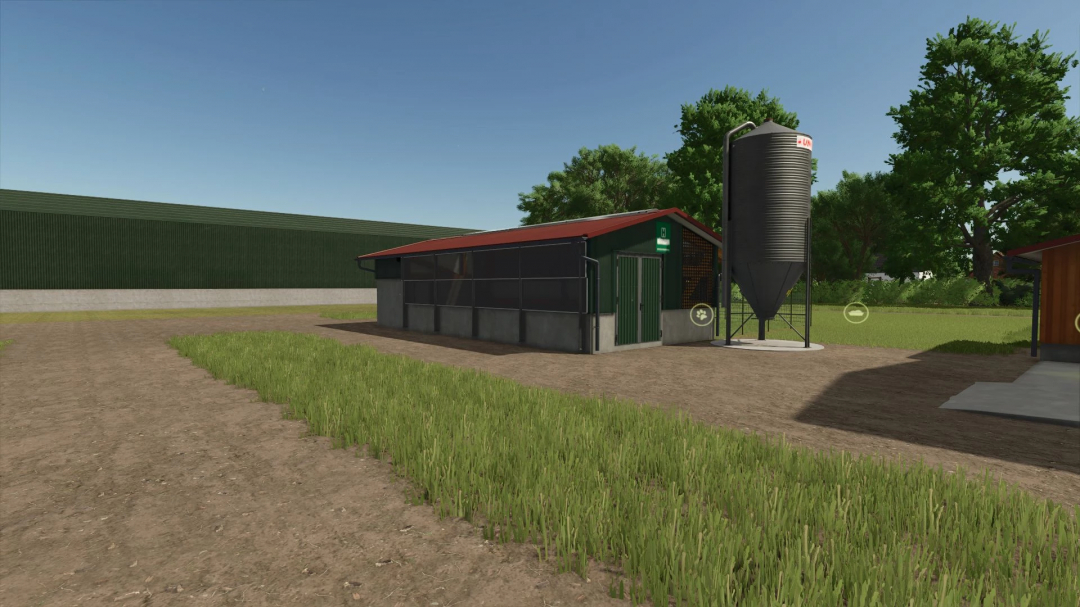 FS25 mod Unrealistic Animal Husbandries v1.0.0.0 displaying a modern barn with a silo, surrounded by greenery.