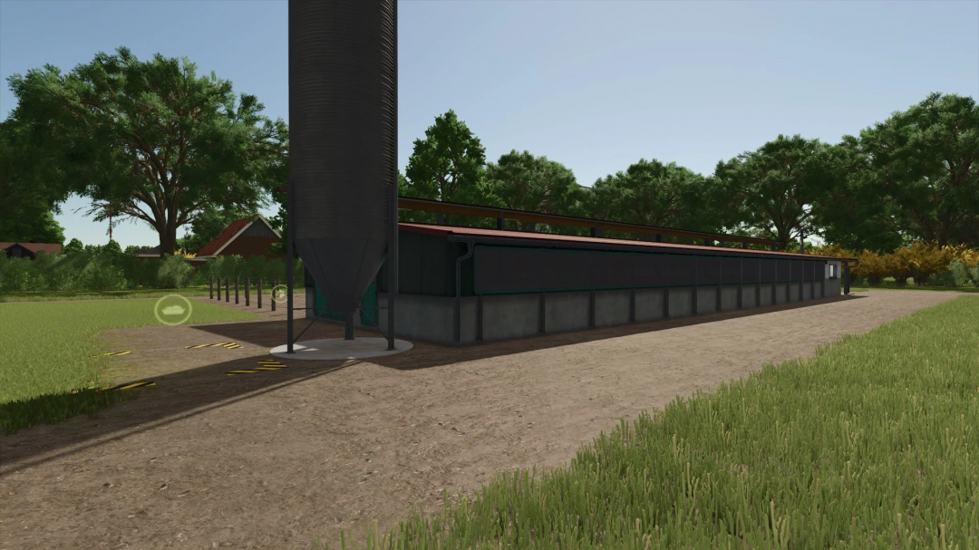 Unrealistic Animal Husbandries v1.1.0.0 mod in FS25 features a large animal shelter with a silo and lush greenery.