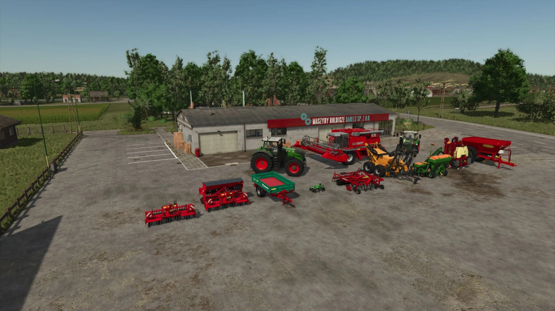 FS25 mods: Unrealistic Mod Pack v1.0.0.0 featuring tractors and equipment outside a machine shop.