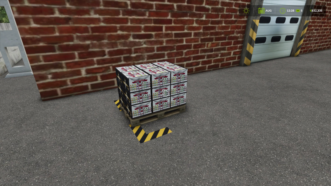 FS25 mods VODKA PRODUCTION showing vodka boxes on a pallet by a brick wall.