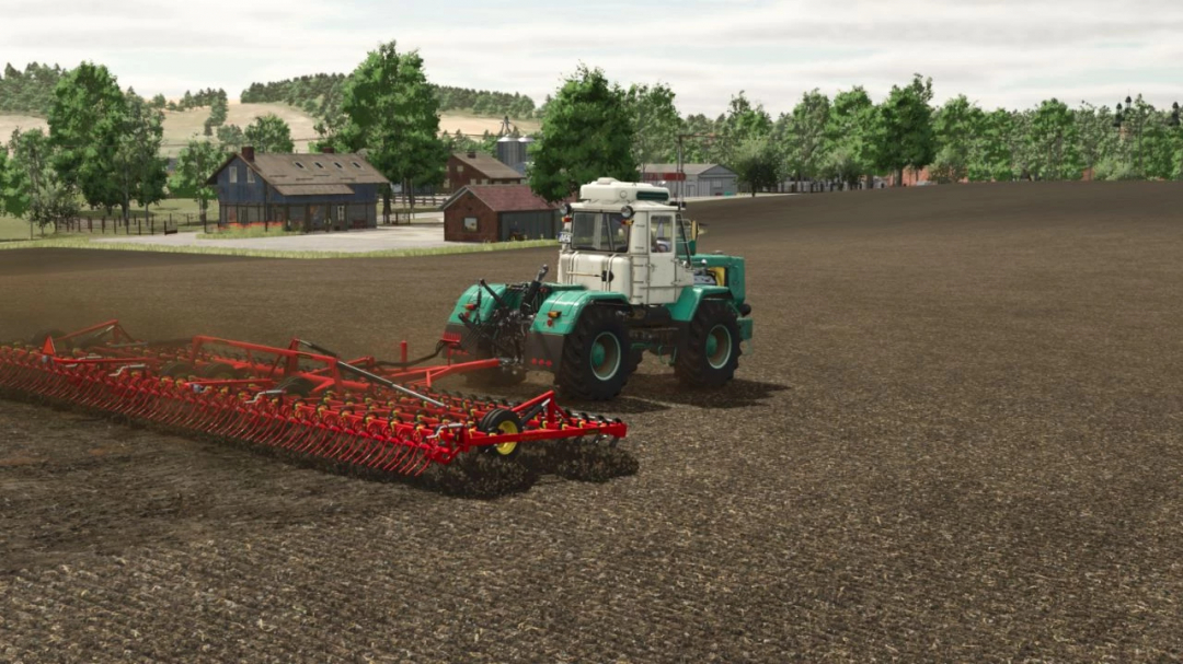 FS25 mod Väderstad NZ 900 cultivator in a field, with a forest backdrop.