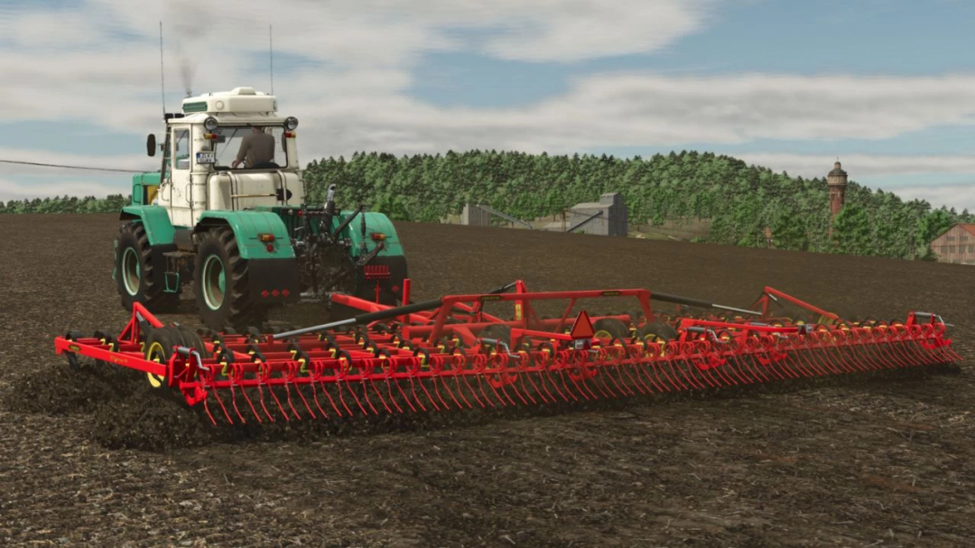 FS25 mod Väderstad NZ 900 cultivating field with green tractor.