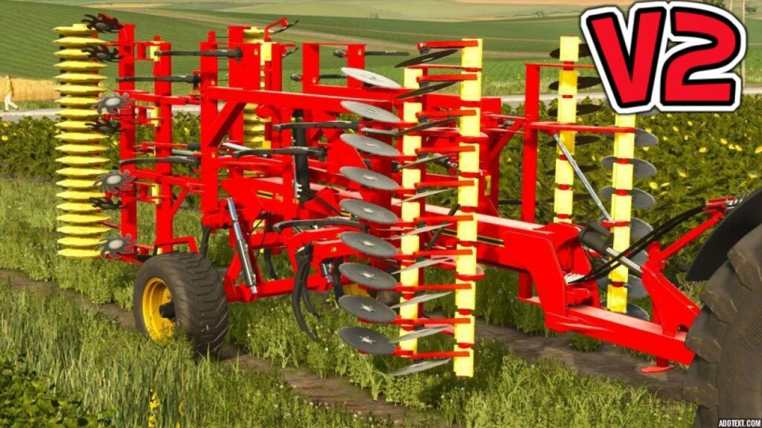 FS25 mod: Väderstad TopDown 500 v2.0.0.0, a vibrant red cultivator in a field, Farming Simulator 25 equipment.