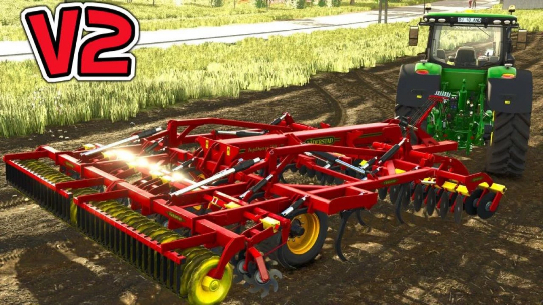 Väderstad TopDown 500 v2.0.0.0 mod in FS25 showing a red agricultural implement attached to a green tractor on a farm.