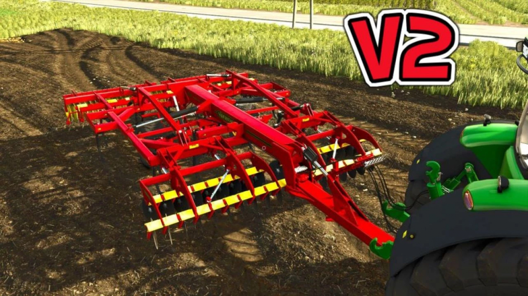 Väderstad TopDown 500 V2 mod for FS25, showcasing a red cultivator attached to a tractor, enhancing Farming Simulator 25 gameplay.