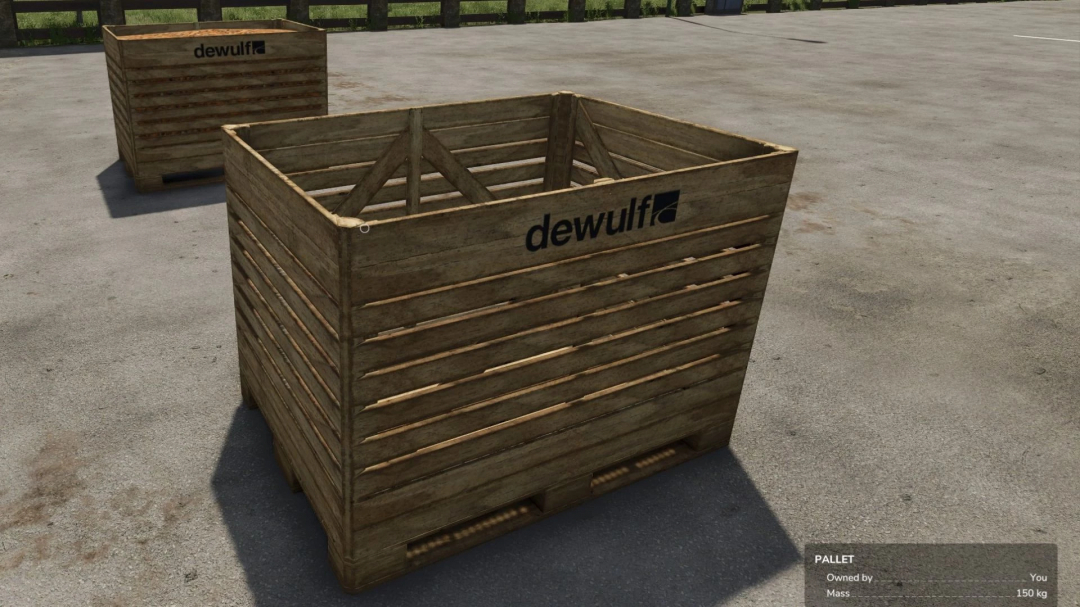 Wooden vegetable pallet in Farming Simulator 25 mod, Vegetable Pallet 100000L v1.0.0.0, on a concrete surface.