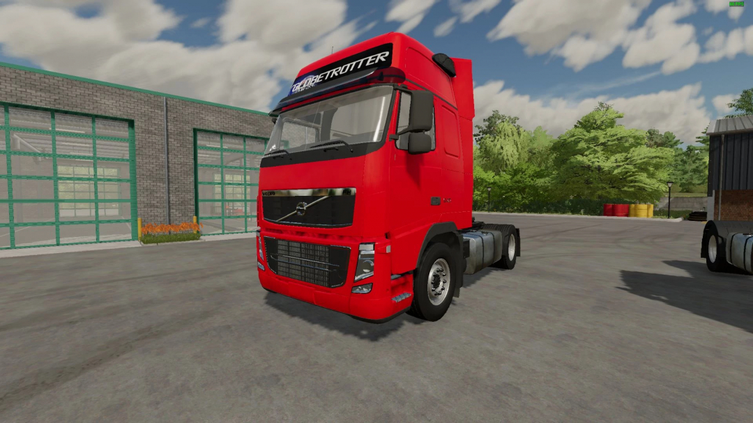 Red Volvo FH3 truck mod parked in Farming Simulator 22, displaying detailed graphics and gameplay features.