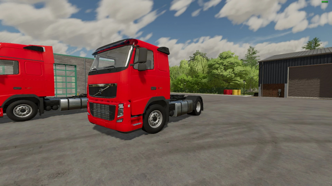 Volvo FH3 truck mod in FS22 displayed in a farm setting, showcasing red cab design.