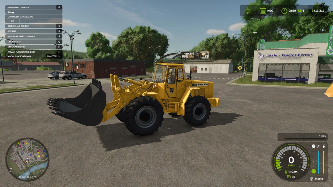 Volvo LM845 loader in Farming Simulator 25 mod showcased in a town setting.