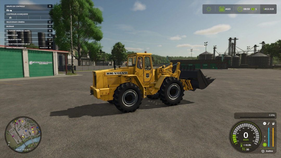 Volvo lm845 mod in Farming Simulator 25, shown in a farm setting with a clear sky.