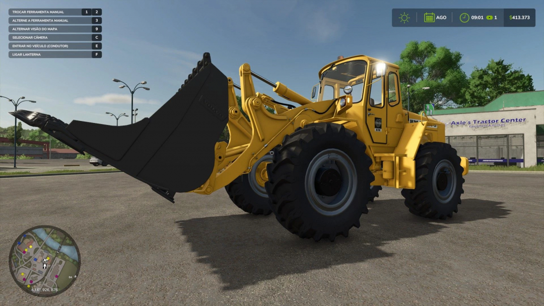 FS25 mod Volvo lm845 v1.0.0.0 in Farming Simulator 25, yellow loader with large bucket on road.